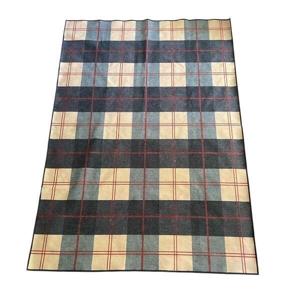 Ruggable Buffalo Plaid Blue Ivory Rug with Red Accents Discontinued 5 x 7 - Picture 1 of 13
